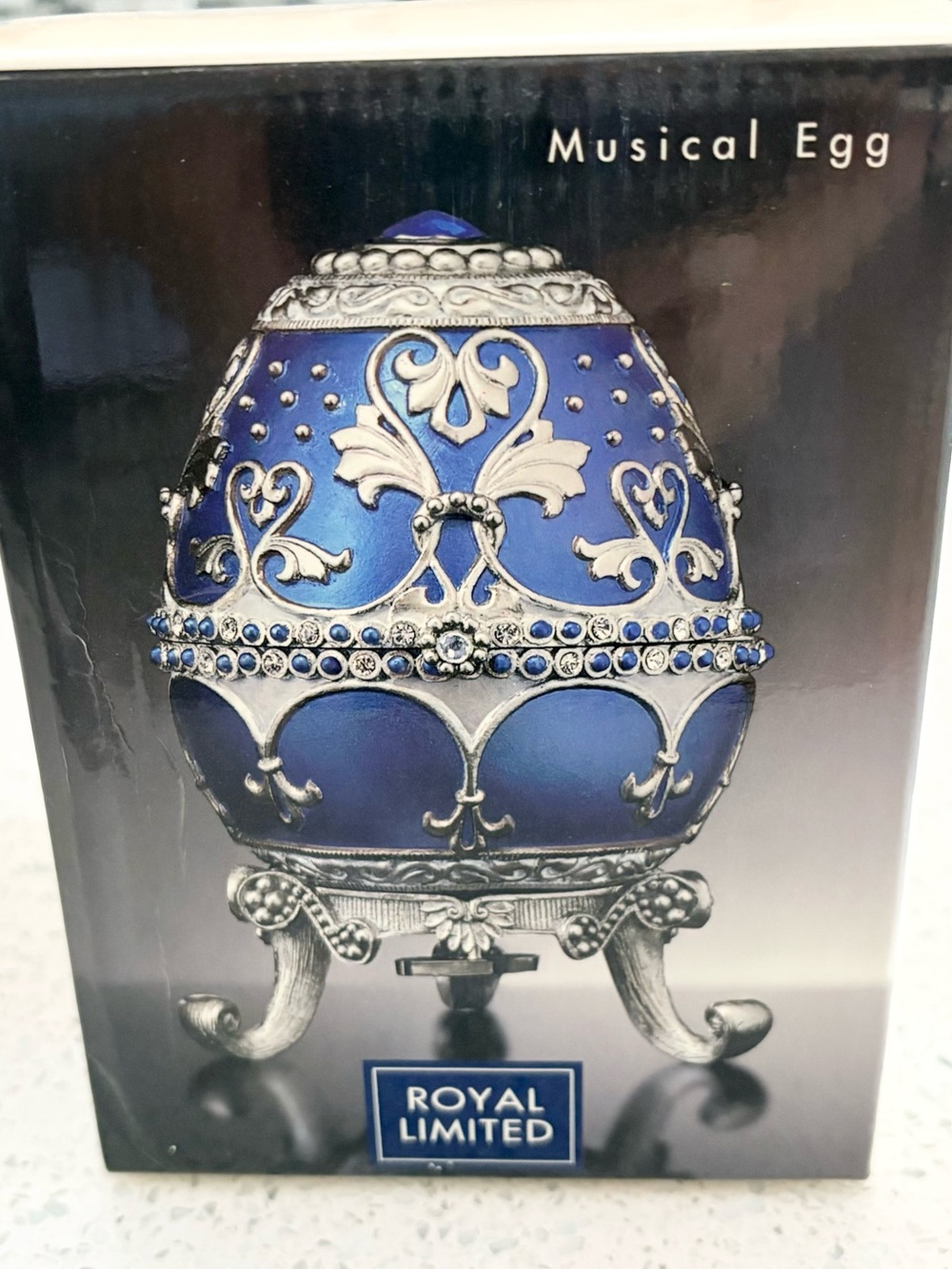 Vintage The Royal Limited Sapphire Blue Jeweled Musical Faberge Egg Trinket Box